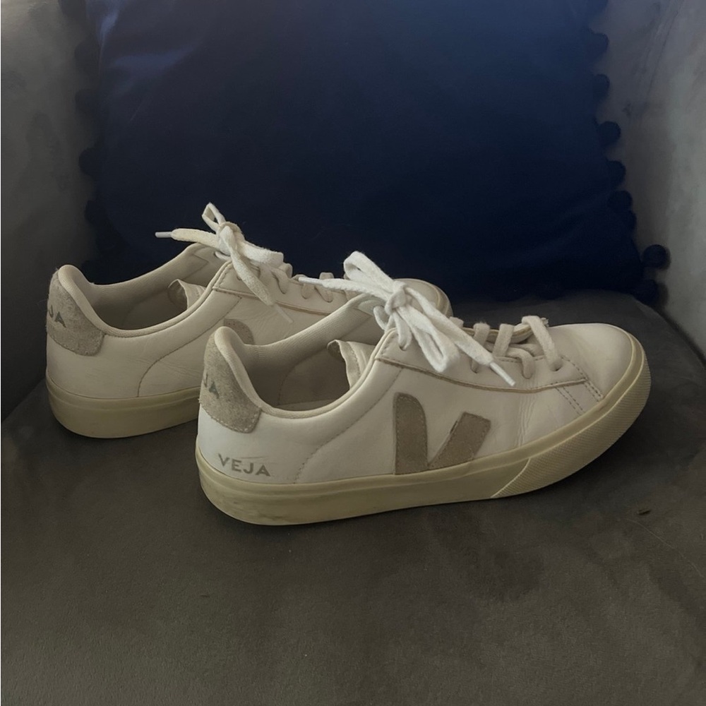 Veja Women’s White Leather Sneakers with Beige Suede V Logo - Picture 3 of 4
